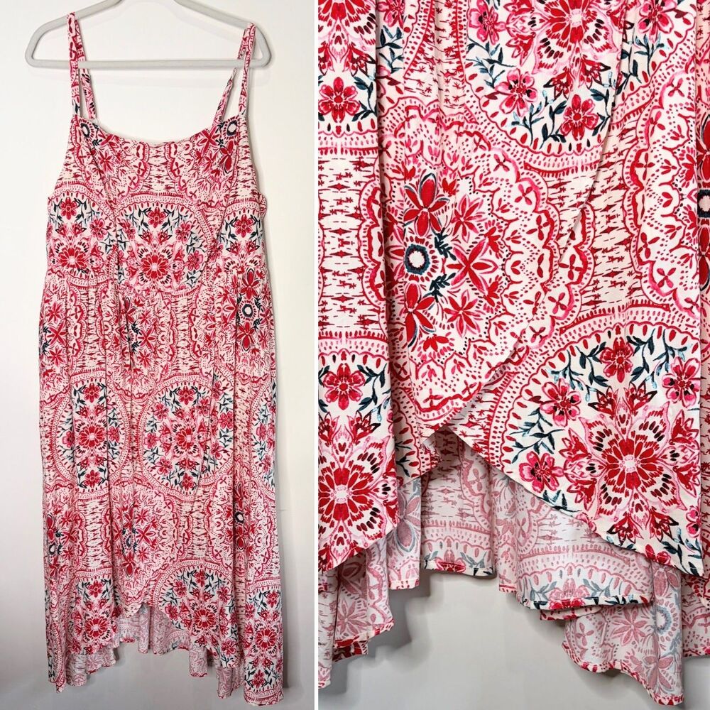 Torrid Tea Length Challis Square Neck Dress Red Americana Paisley Women 3X